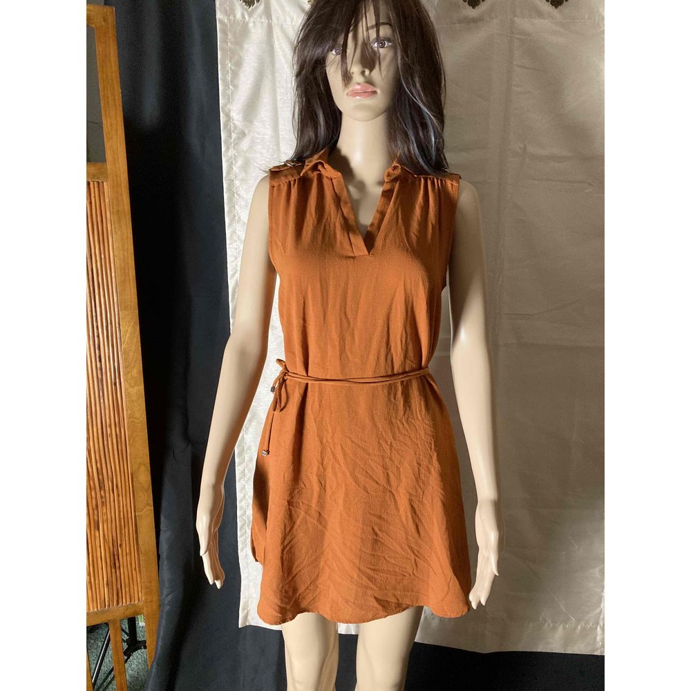 Meraki Dress Women SZ Small Burnt Orange Sleeveless V-Neck Waist Tie Knee-Length